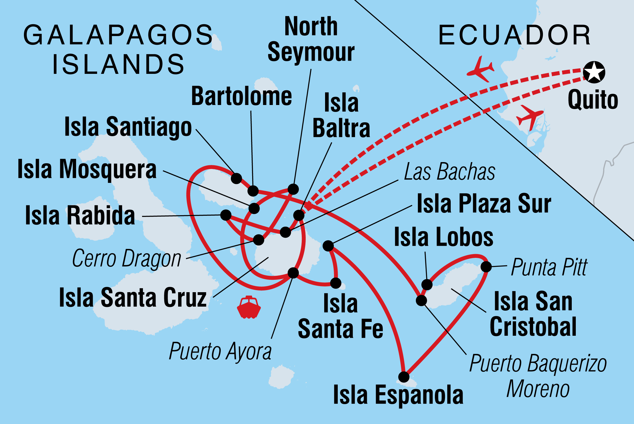 Map of Galapagos Voyager: Central Islands (Grand Queen Beatriz) including Ecuador