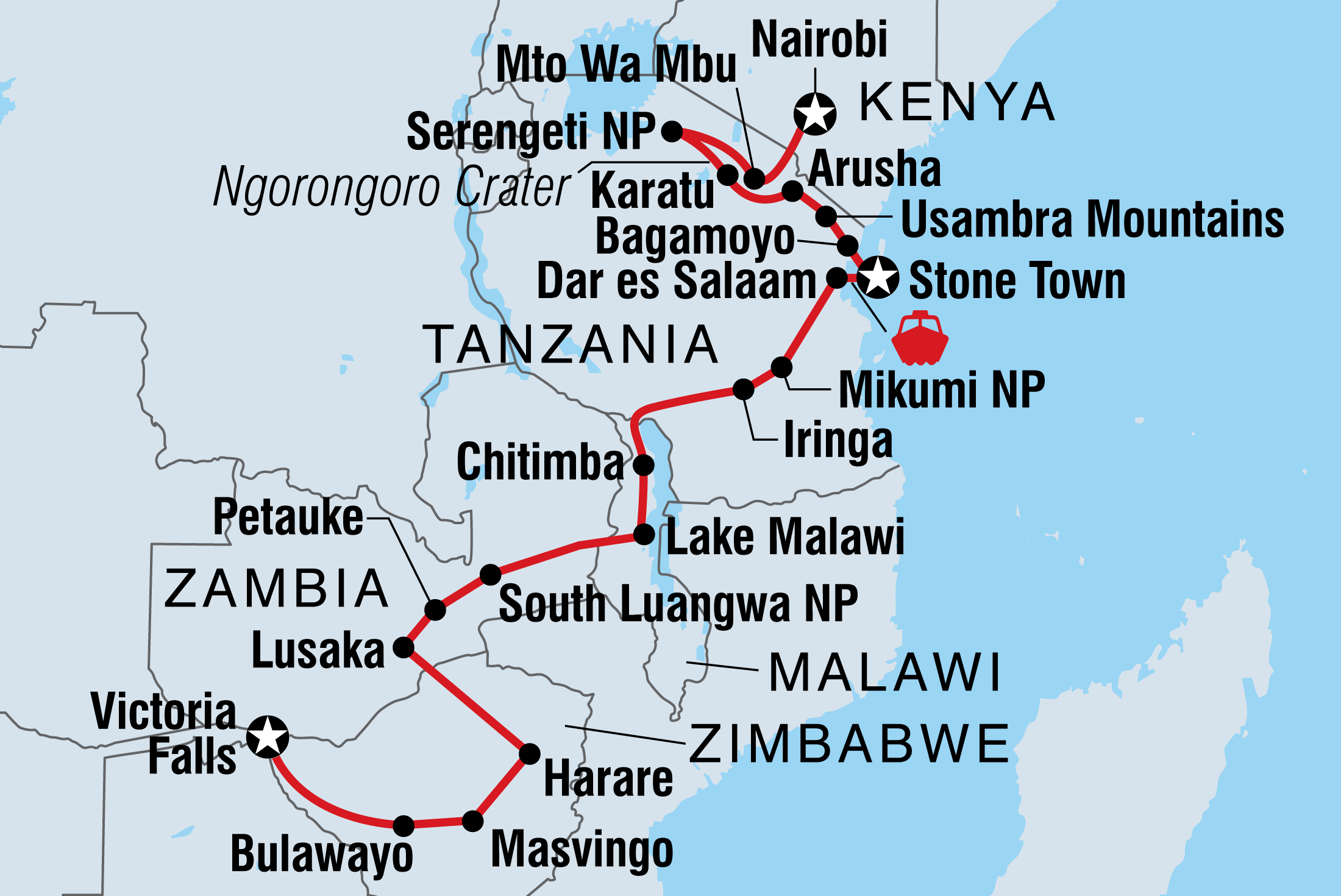 Map of Vic Falls To Kenya including Kenya, Malawi, Tanzania, United Republic Of, Zambia and Zimbabwe