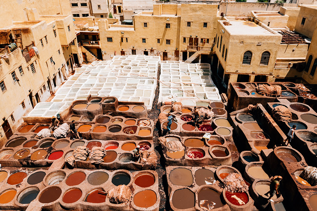 Leather tanneries and city buildings view, Fes, Morocco