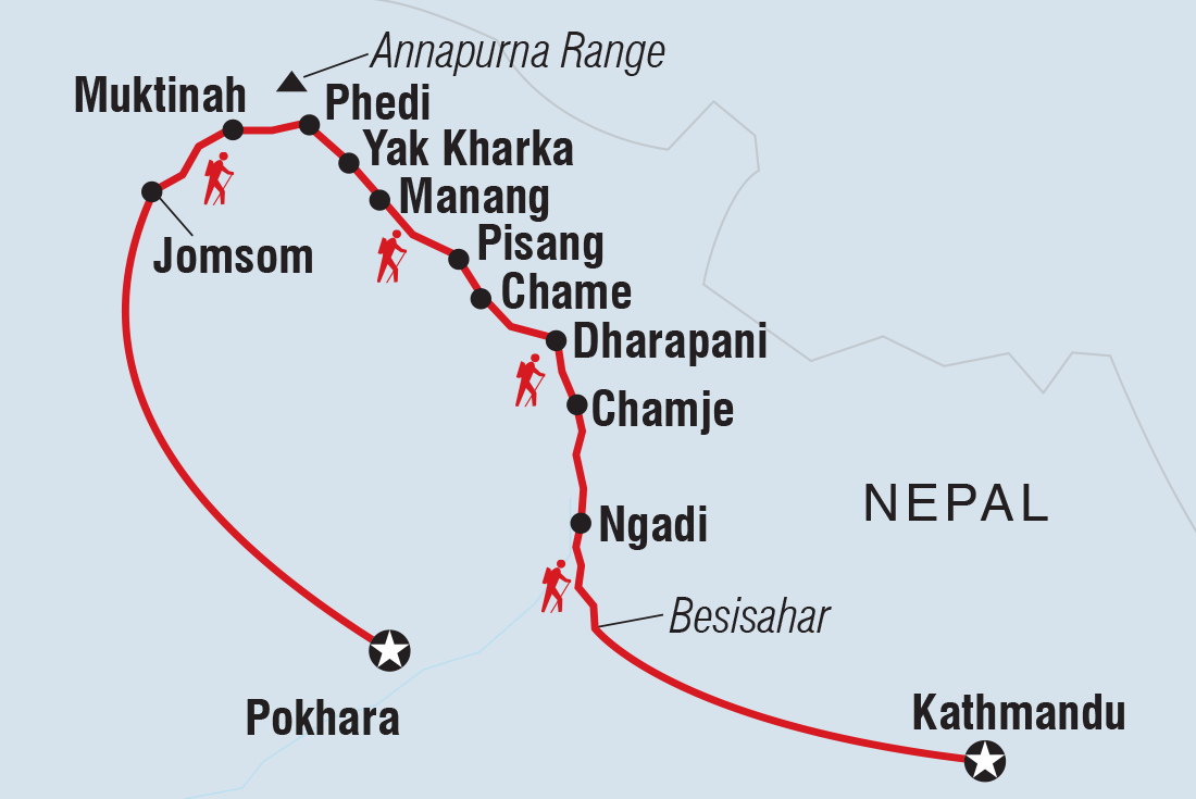 Map of Annapurna Circuit Trek including Nepal