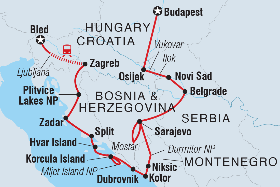 Map of Budapest To Bled including Bosnia And Herzegovina, Croatia, Hungary, Montenegro, Serbia and Slovenia
