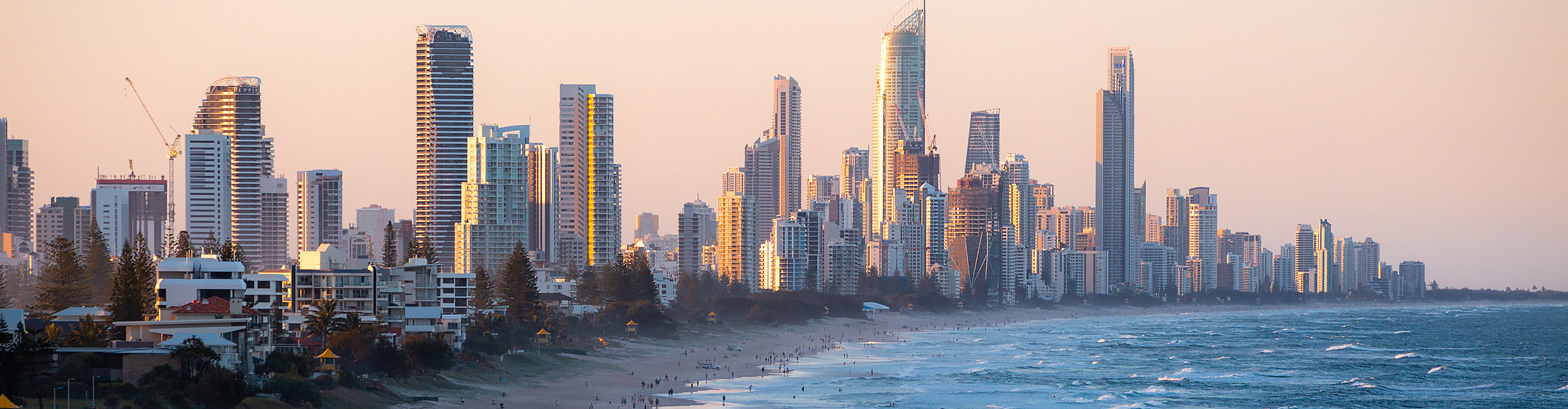 Sunset at Surfers Paradise, with tall buildings in the background, Gold Coast, Queensland, Australia