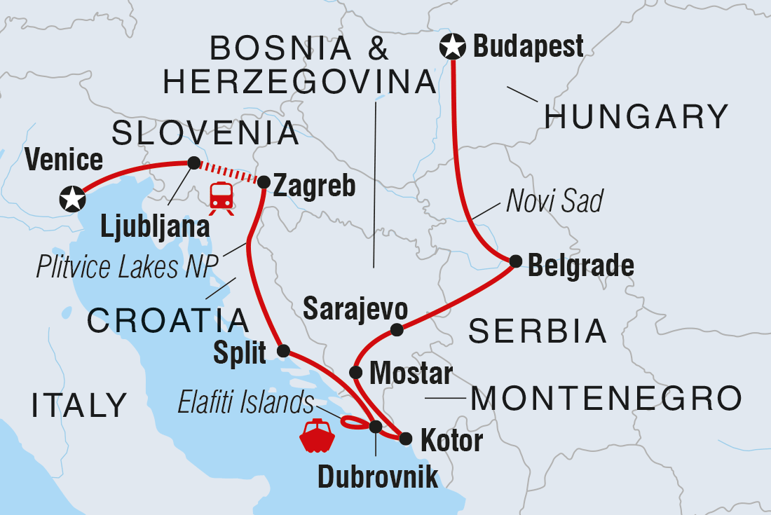 Map of Budapest To Venice including Bosnia And Herzegovina, Croatia, Hungary, Italy, Montenegro, Serbia and Slovenia