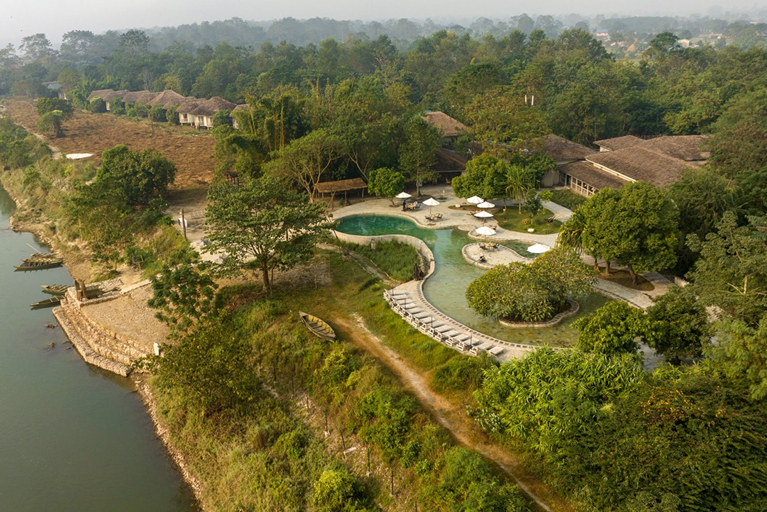 Ariel view of pool, Barahi Jungle Lodge accommodation, Citwan, Nepal