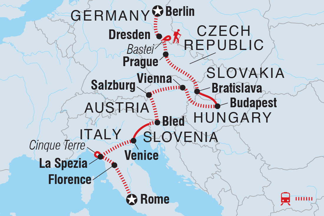 Map of Berlin To Rome including Austria, Czech Republic, Germany, Hungary, Italy, Slovakia and Slovenia