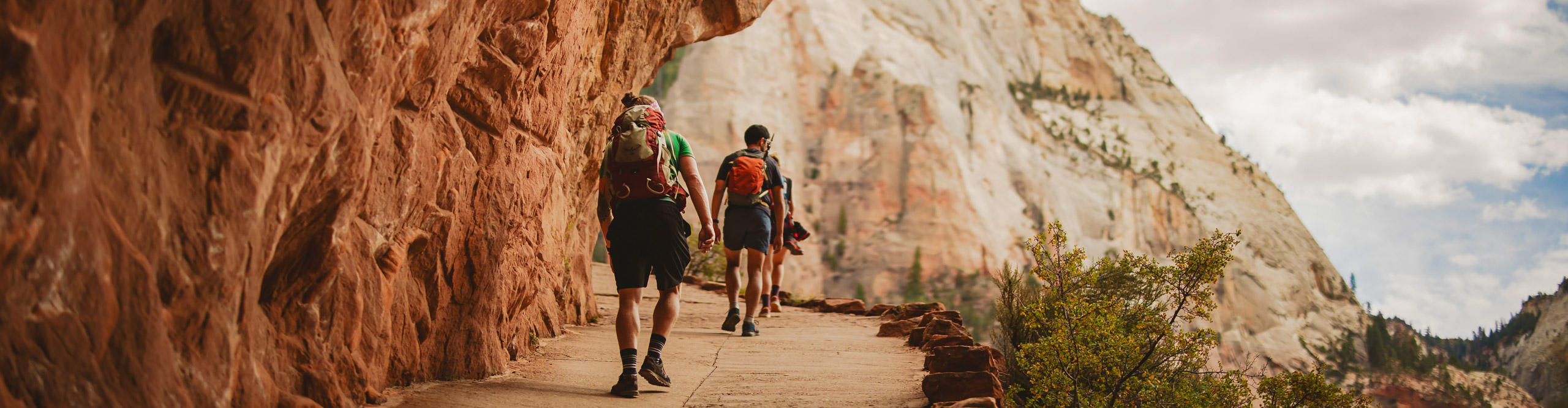 Hikers on a trail in Zion national Park on cloudy day, USA
