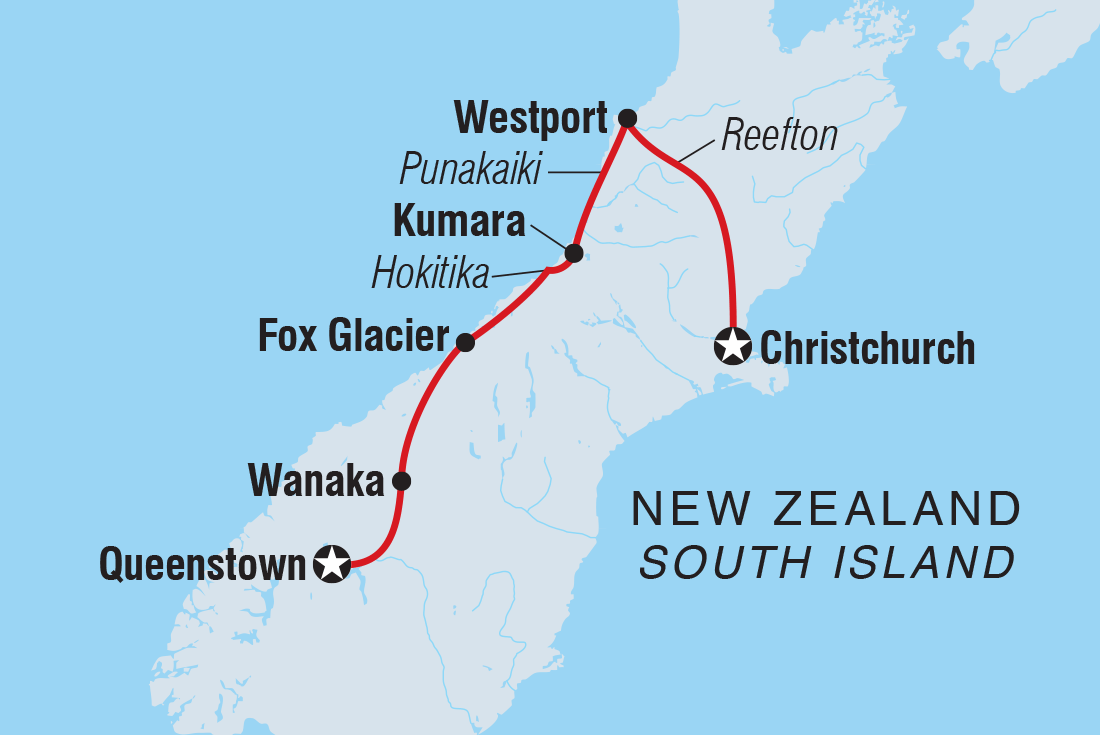 Map of New Zealand West Coast Adventure including New Zealand