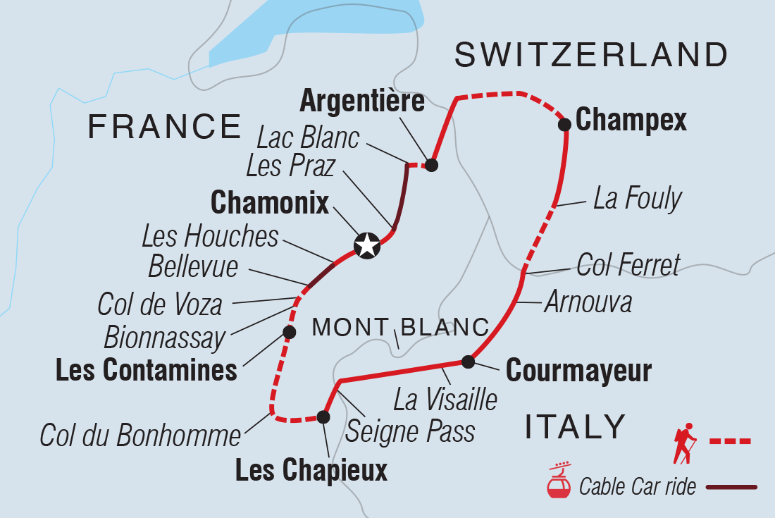 Map of Hike The Tour Du Mont Blanc including France, Italy and Switzerland