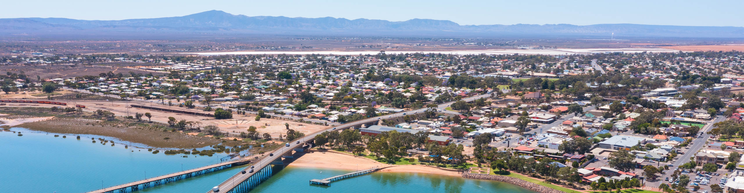 Aerial view of Port Augusta and it harbours on a clear sunny day, in South Australia