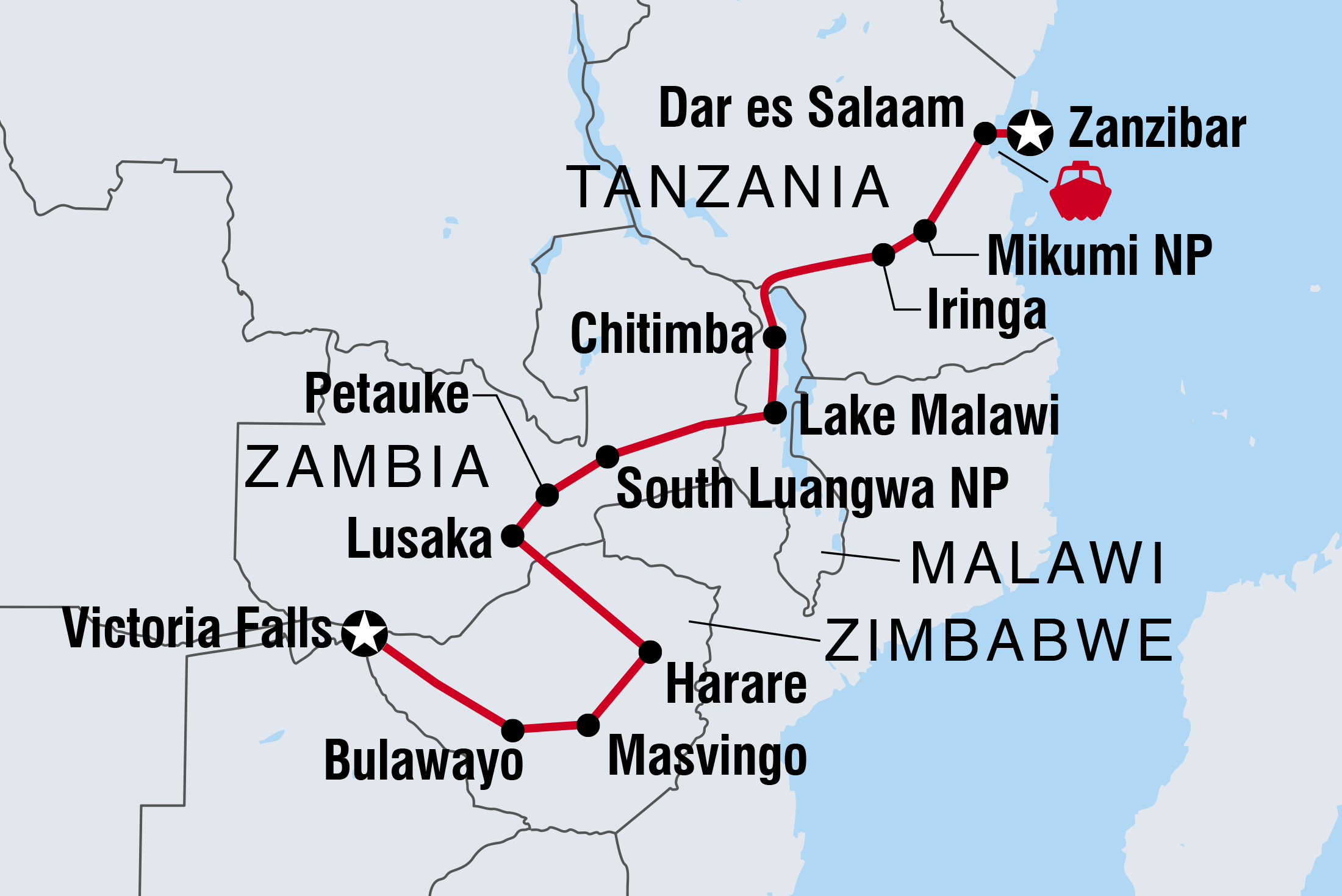 Map of Vic Falls To Zanzibar including Malawi, Tanzania, United Republic Of, Zambia and Zimbabwe