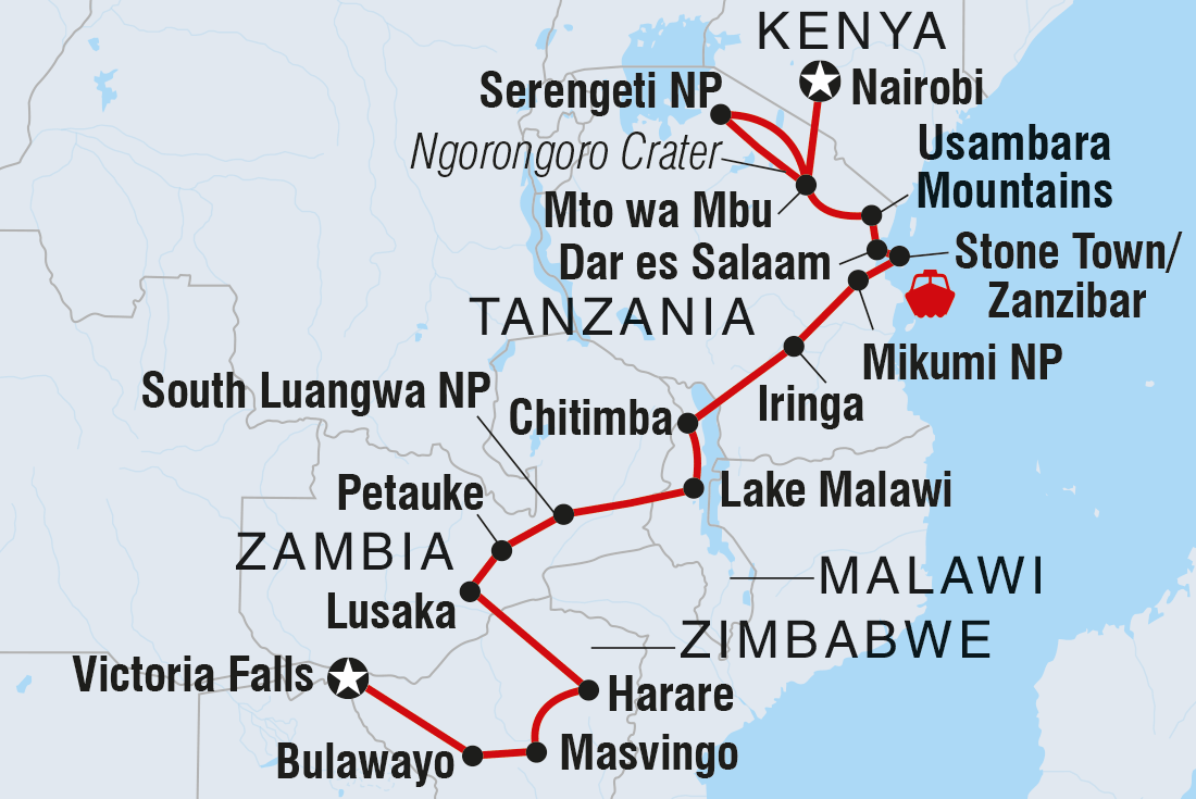 Map of Kenya To Vic Falls including Kenya, Malawi, Tanzania, United Republic Of, Zambia and Zimbabwe