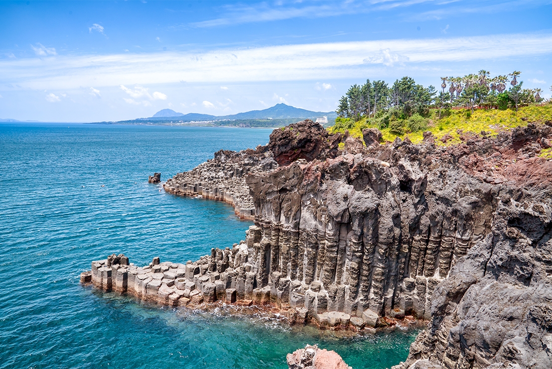 The basalt Daepo cliffs of Jeju Island.
