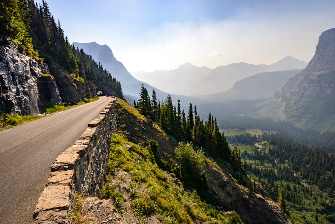 Road and Tunnel with Valley View, Glacier National Park, USA