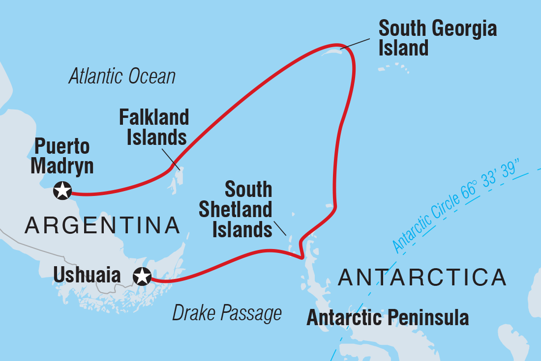 Map of Shackleton's Falklands, South Georgia And Antarctica Expedition (Ocean Endeavour) including Antarctica, Argentina and Falkland Islands (Malvinas)