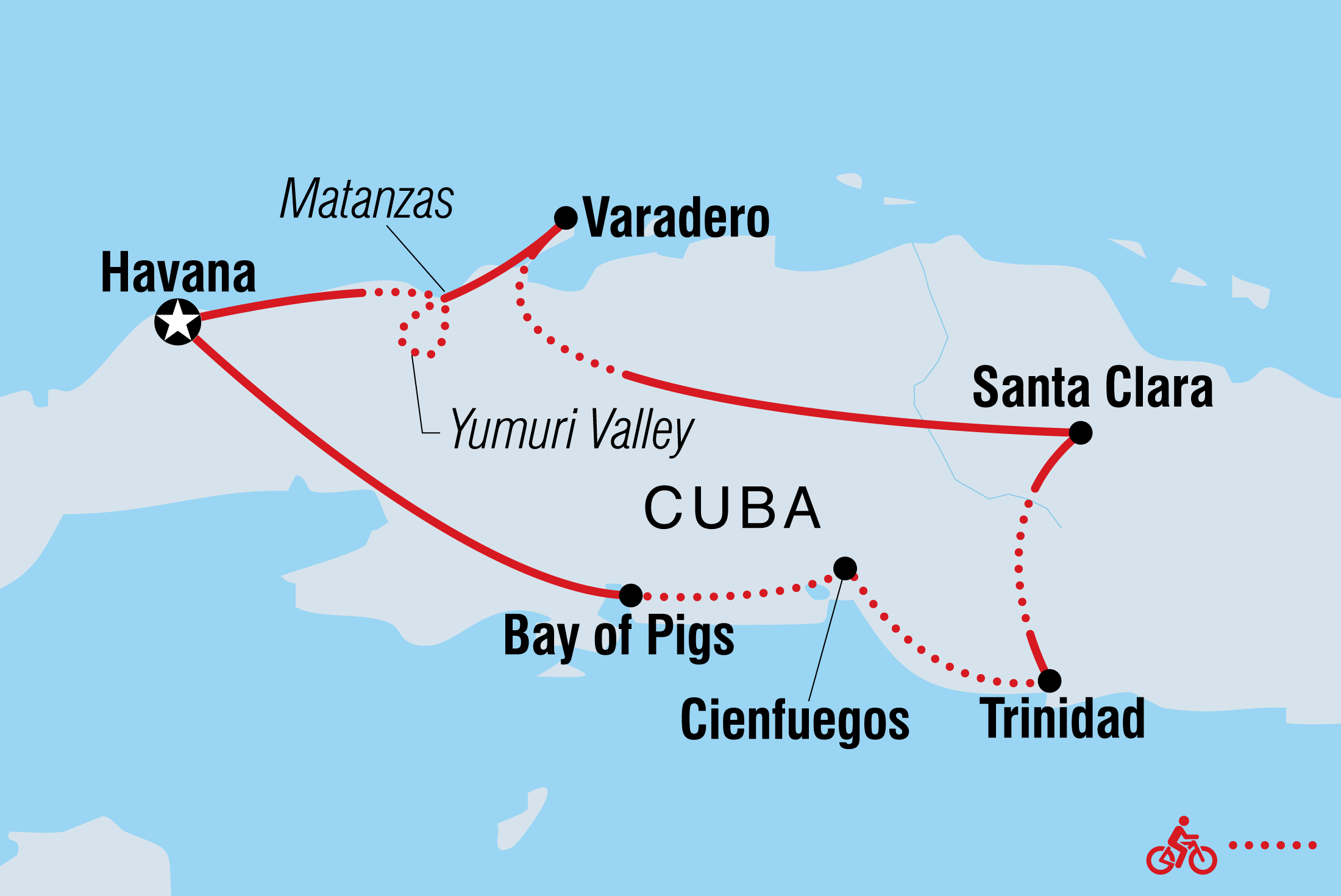 Map of Cycle Cuba: East including Cuba