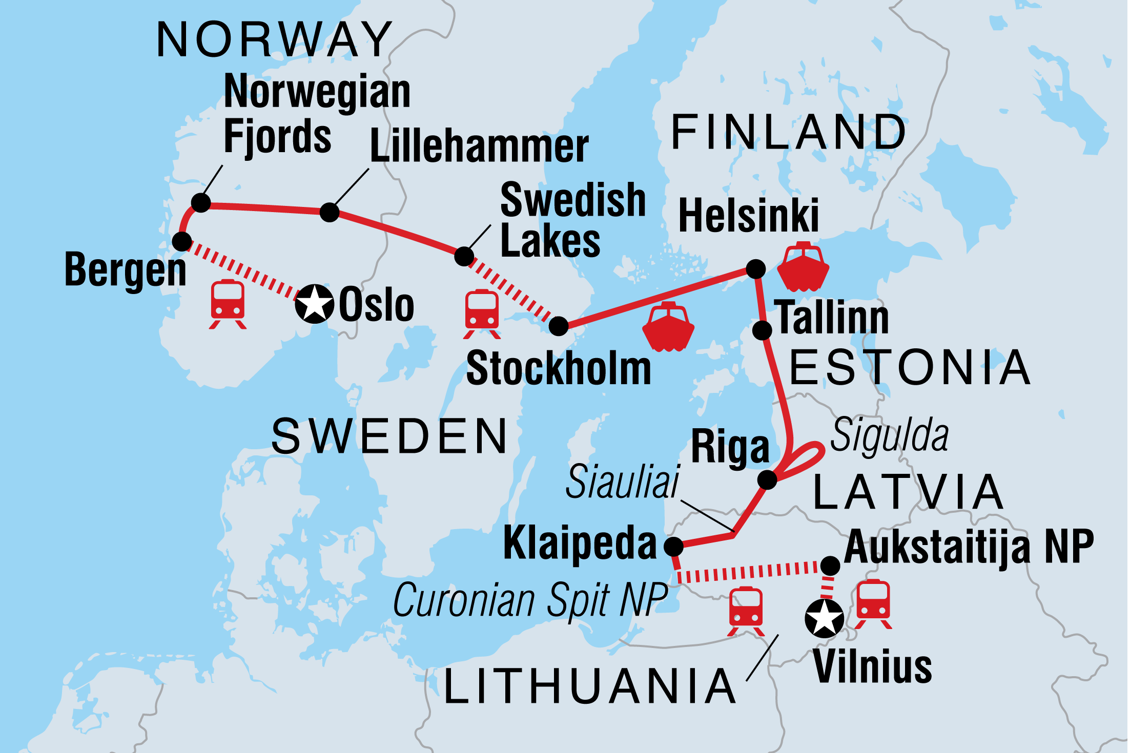 Map of Oslo To Vilnius including Estonia, Finland, Latvia, Lithuania, Norway and Sweden