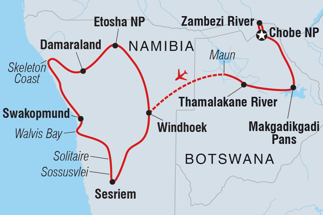 Map of Premium Botswana & Namibia including Botswana and Namibia