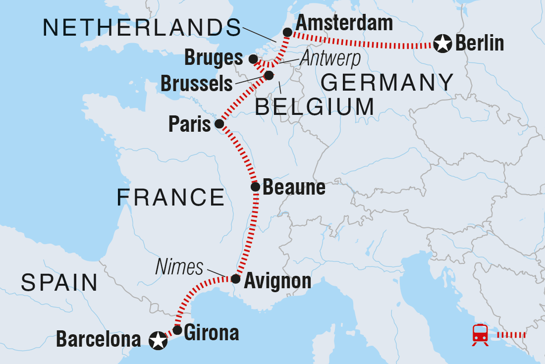 Map of Barcelona To Berlin including Belgium, France, Germany, Netherlands and Spain