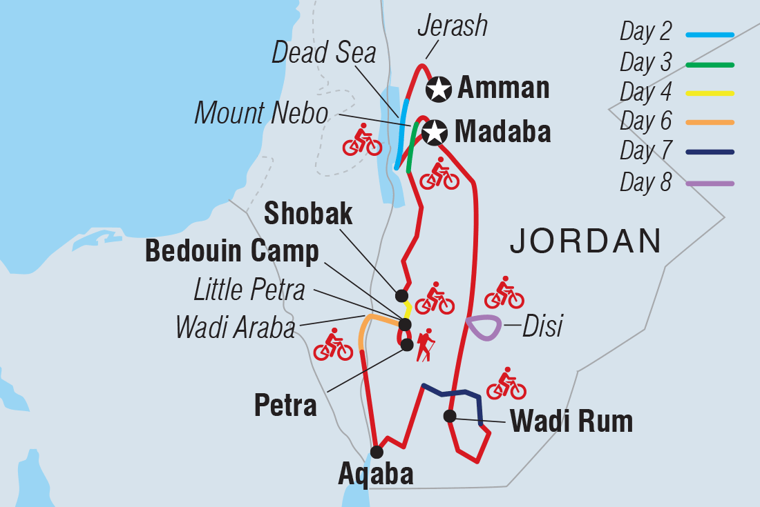 Map of Cycle Jordan: Petra & Wadi Rum including Jordan