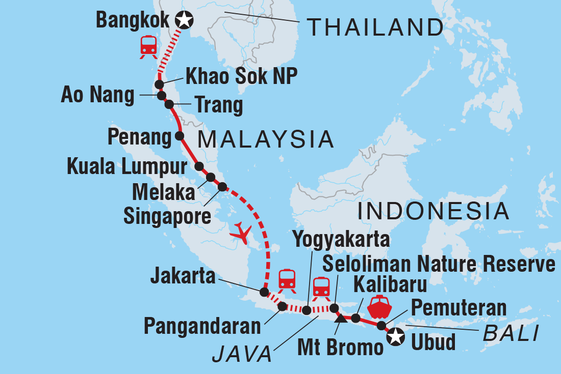 Map of Bangkok To Bali including Indonesia, Malaysia, Singapore and Thailand